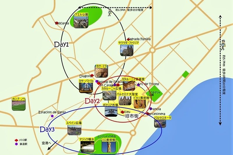 バルセロナ観光3日間モデルコース地図