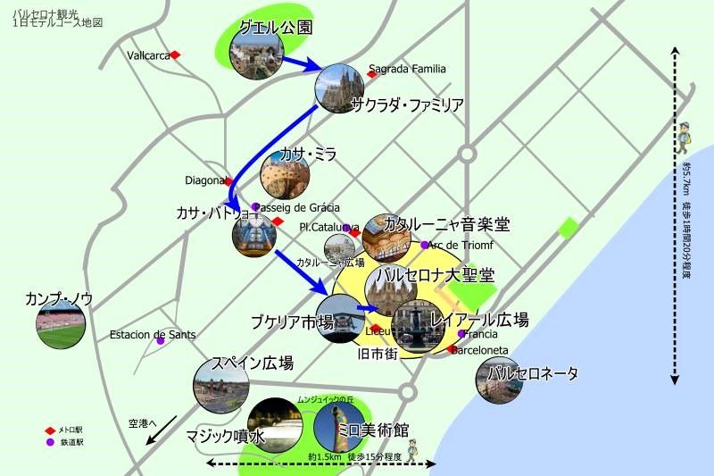 スペイン・バルセロナ観光1日モデルコース地図
