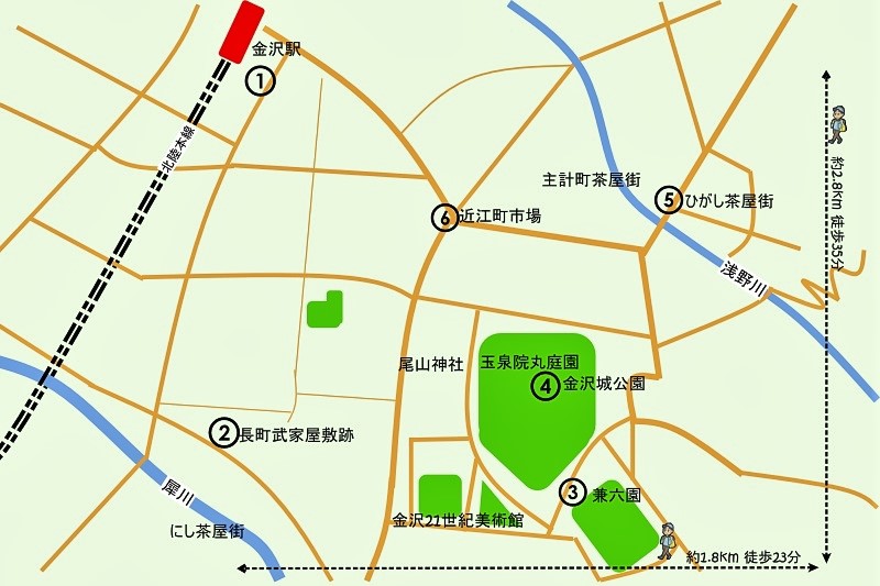 金沢の半日観光モデルコース地図