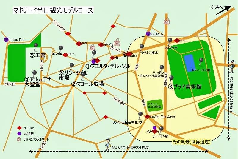 スペイン・マドリード半日モデルコース地図